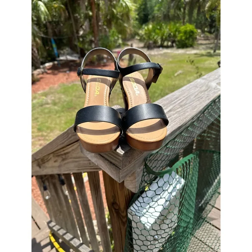 Soda CHIVAS ~ Women's Bold Buckles Studded Wedge Sandal lack Tan Size 7W